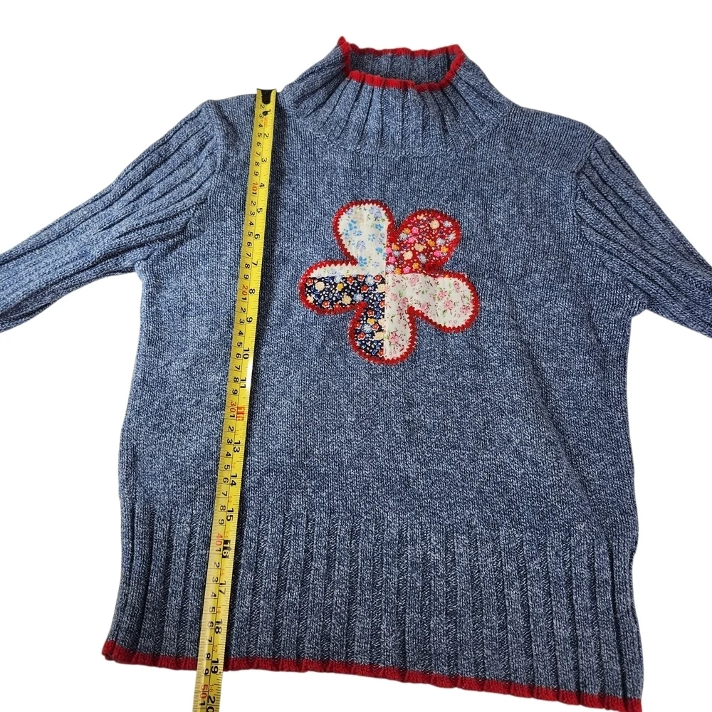 Knitty Gritty Girls Sweater Blue Mock Neck Medium Flower Patch Hippie Boho